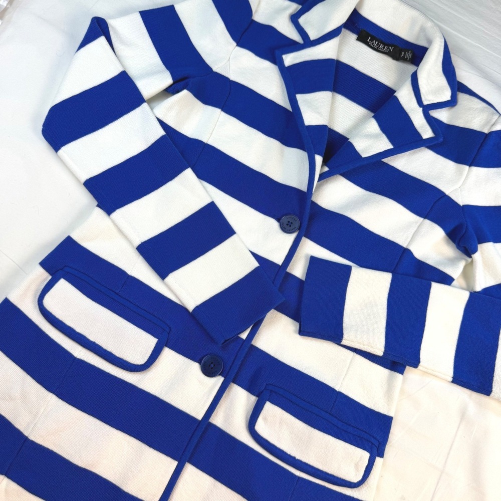 Lauren Ralph Lauren Blazer Womens SP Blue White Striped Knit Jacket EUC